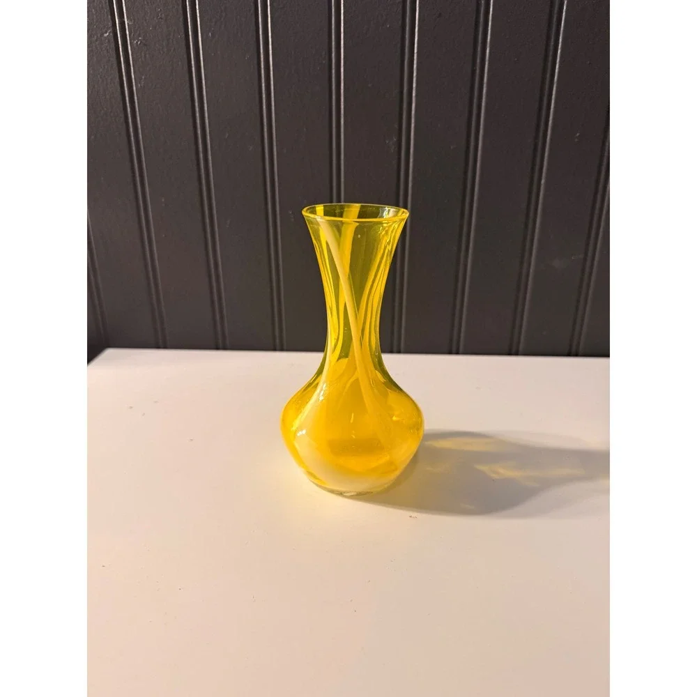 Hand blown yellow and white swirl bud vase